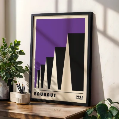 Bauhaus poster 1923 factory roofs purple print styled on shelf, classic Bauhaus modernist wall art.
