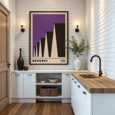 Bauhaus poster 1923 factory roofs purple wall art displayed in kitchen, modern Bauhaus decor style.