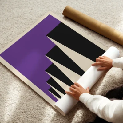 Bauhaus poster 1923 factory roofs purple art print rolled out, geometric Bauhaus exhibition design.