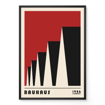 Bauhaus poster 1923 factory roofs in red, geometric modernist Bauhaus design inspired by industrial architecture.