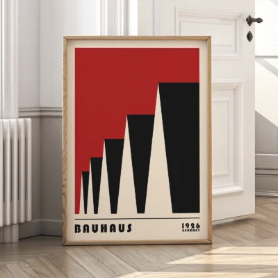 Bauhaus poster 1923 factory roofs red artwork leaning against wall, minimalist Bauhaus modernist style.