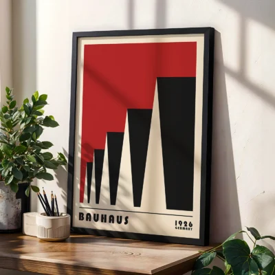 Bauhaus poster 1923 factory roofs red print styled on shelf, classic Bauhaus exhibition modernism.