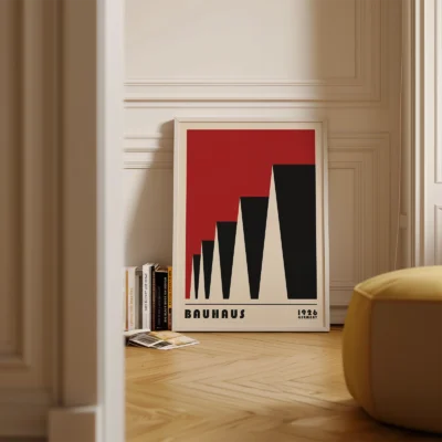 Bauhaus poster 1923 factory roofs red artwork placed on floor, retro Bauhaus exhibition style.