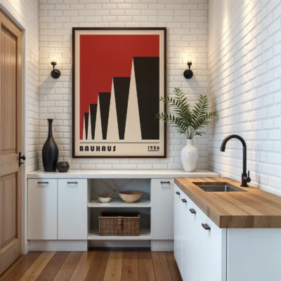 Bauhaus poster 1923 factory roofs red wall art displayed in kitchen, modern Bauhaus interior decor.