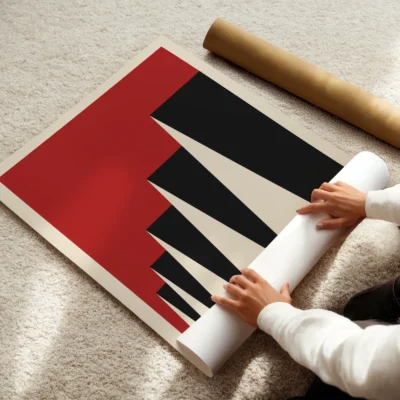 Bauhaus poster 1923 factory roofs red art print rolled out, geometric Bauhaus exhibition design.
