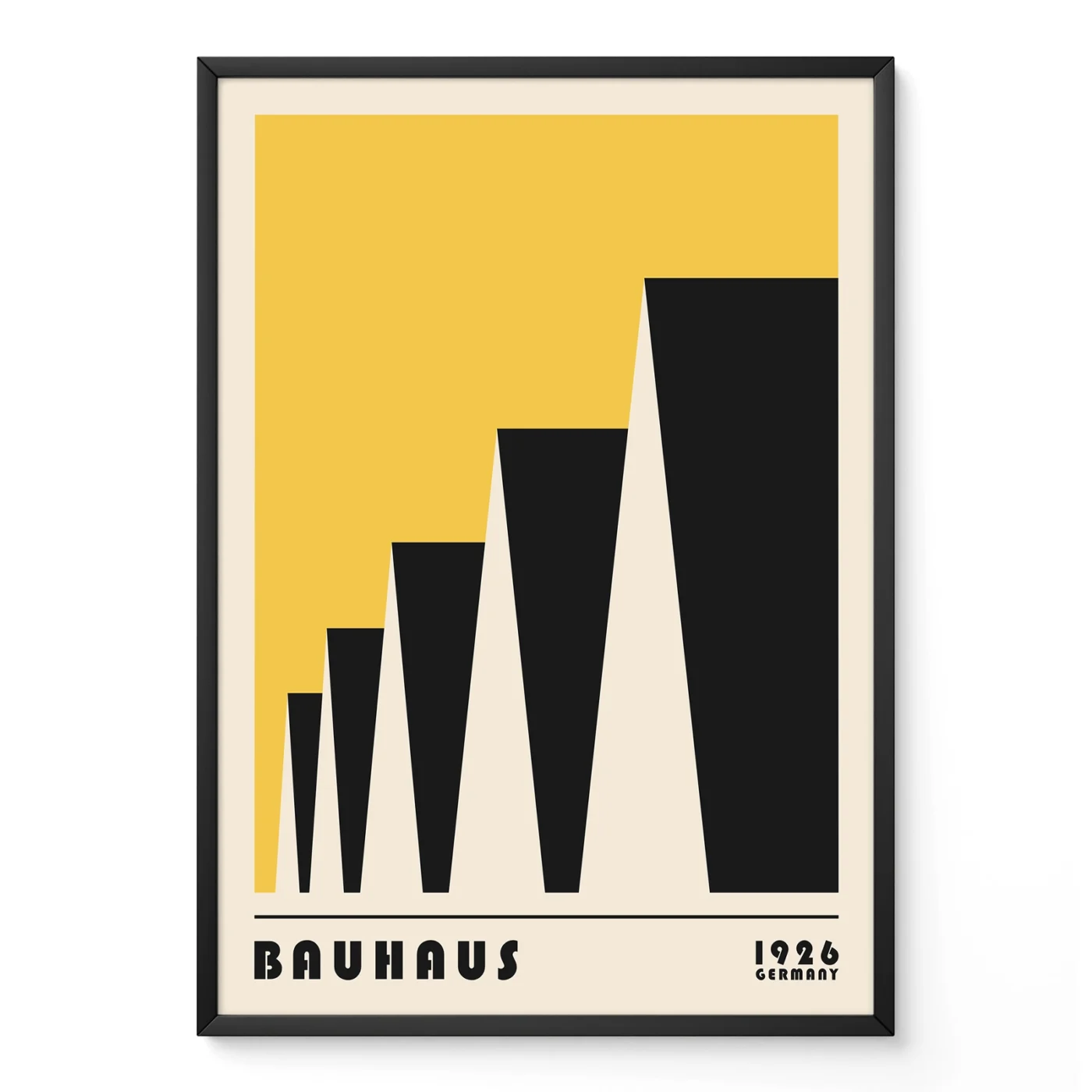 Bauhaus poster 1923 factory roofs in yellow, geometric Bauhaus design inspired by modernist industrial architecture.