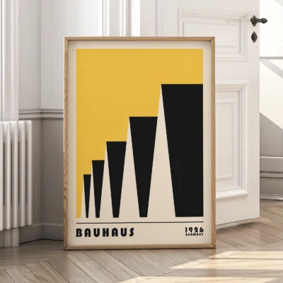 Bauhaus poster 1923 factory roofs yellow artwork leaning against wall, minimalist Bauhaus exhibition style.