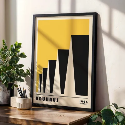 Bauhaus poster 1923 factory roofs yellow print styled on shelf, retro Bauhaus modernist wall art.