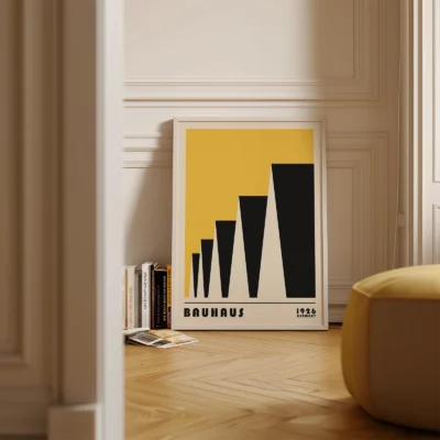 Bauhaus poster 1923 factory roofs yellow artwork placed on floor, vintage Bauhaus exhibition design.