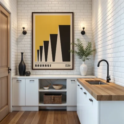 auhaus poster 1923 factory roofs yellow wall art displayed in kitchen, modern Bauhaus decor style.