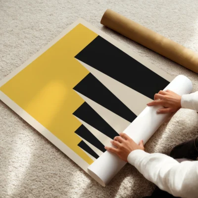 Bauhaus poster 1923 factory roofs yellow art print rolled out, geometric Bauhaus modernist design.