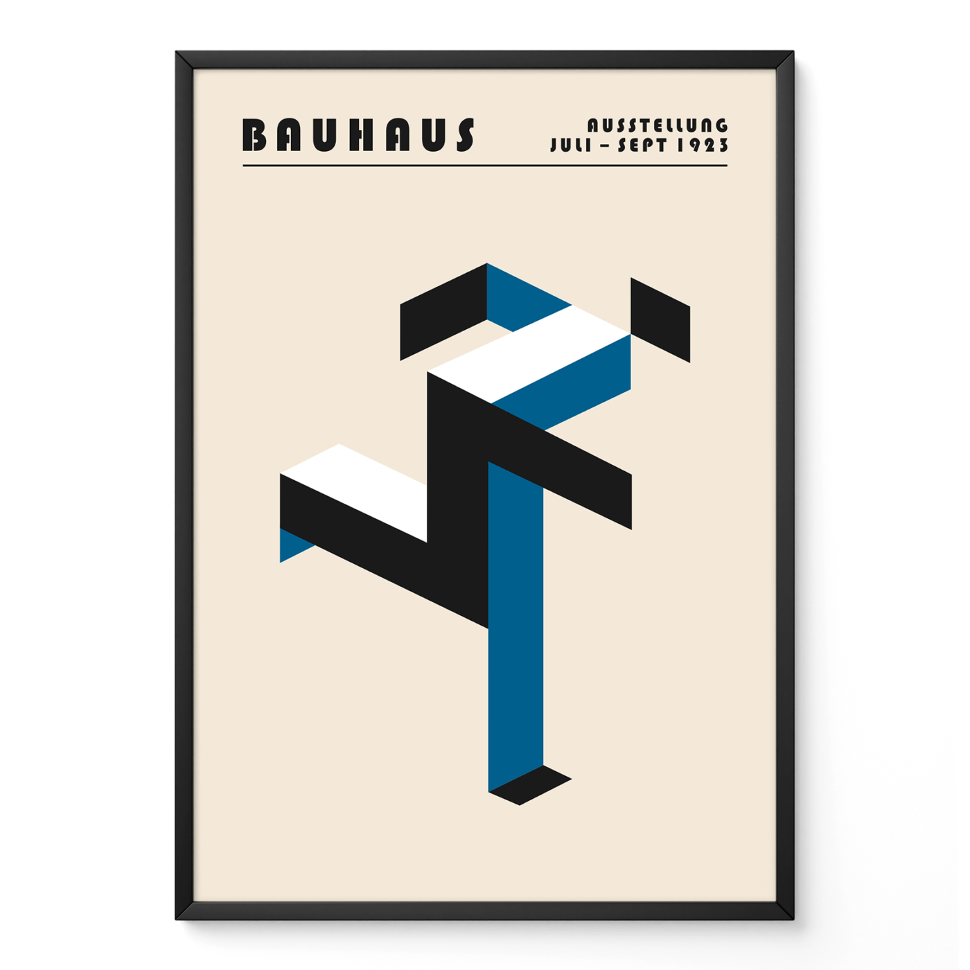 Art print Bauhaus poster with abstract running man figure, blue geometric Bauhaus modernist design.