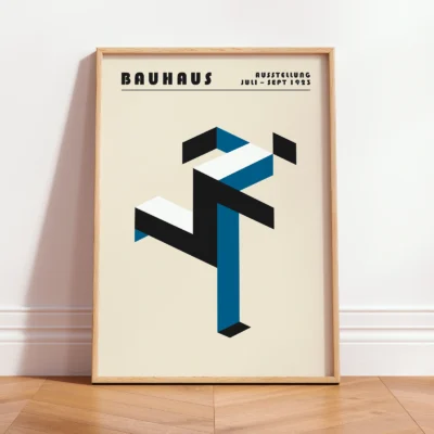Art print Bauhaus running man poster in blue, minimalist Bauhaus wall art with geometric shapes.