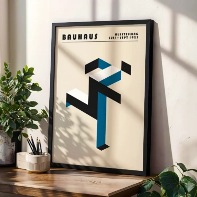 Art print Bauhaus poster displayed with plants, abstract running man Bauhaus modernist wall art.
