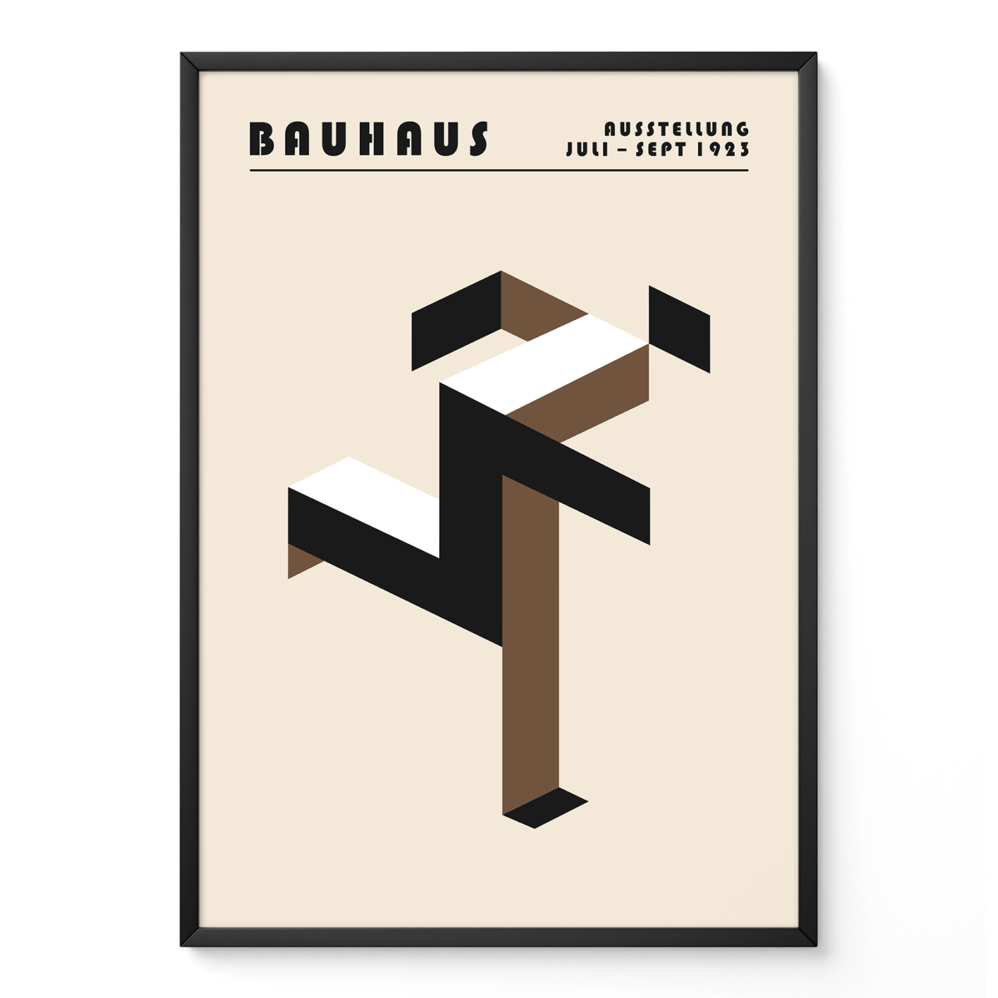 Art print Bauhaus running man poster in brown tones, geometric modernist design inspired by 1920s Bauhaus movement.