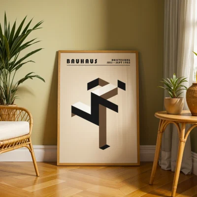 Art print Bauhaus running man poster placed on floor in living room, brown minimalist Bauhaus wall art.