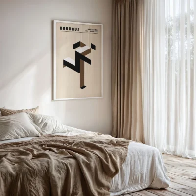 Art print Bauhaus running man poster hanging in bedroom, brown modernist Bauhaus artwork.