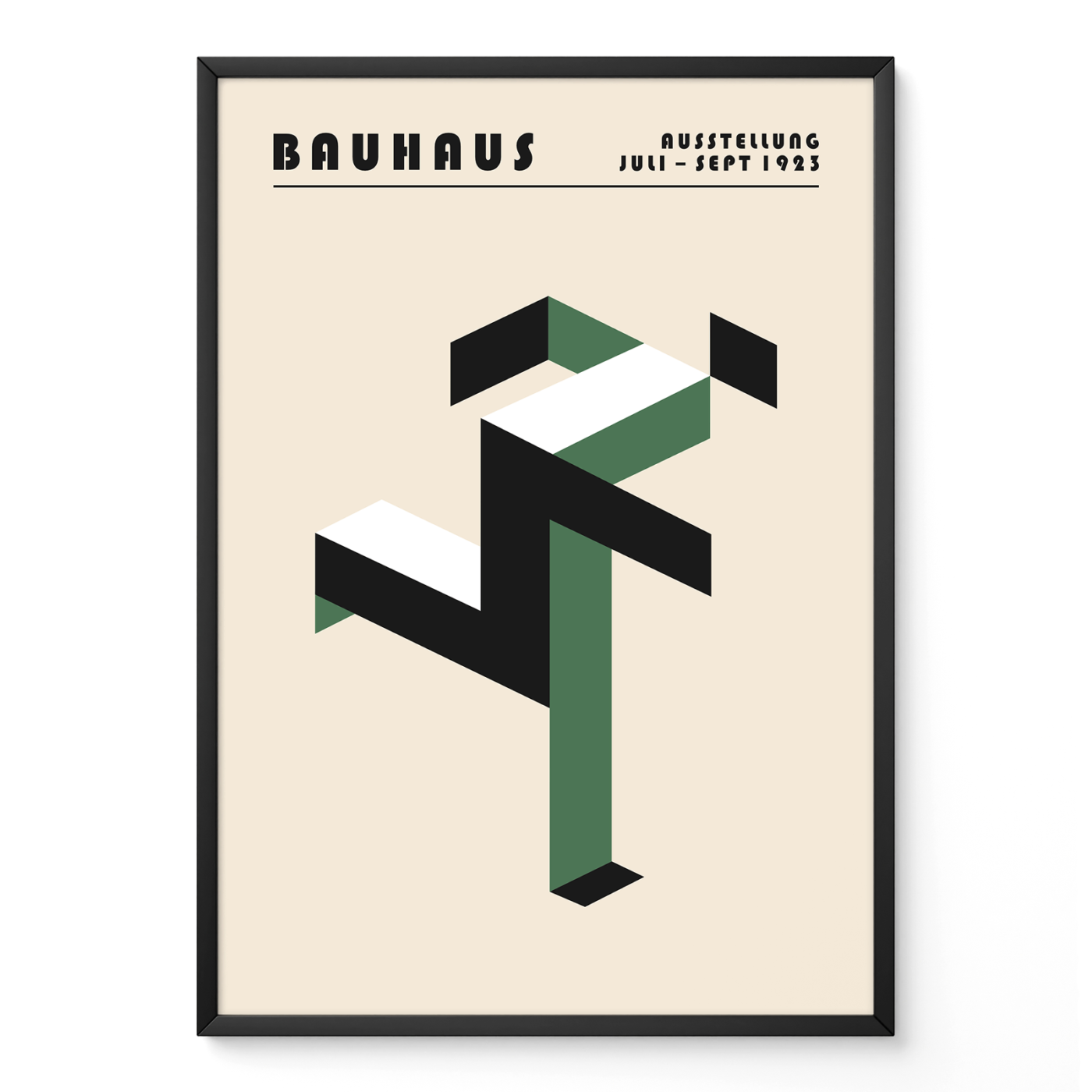 Art print Bauhaus running man poster in green tones, geometric modernist design inspired by 1920s Bauhaus movement.