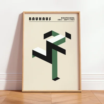 Art print Bauhaus running man poster leaning against wall, green geometric figure in classic Bauhaus modernist style.