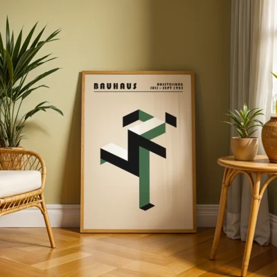 Art print Bauhaus running man poster placed on floor in living room, green minimalist Bauhaus wall art.