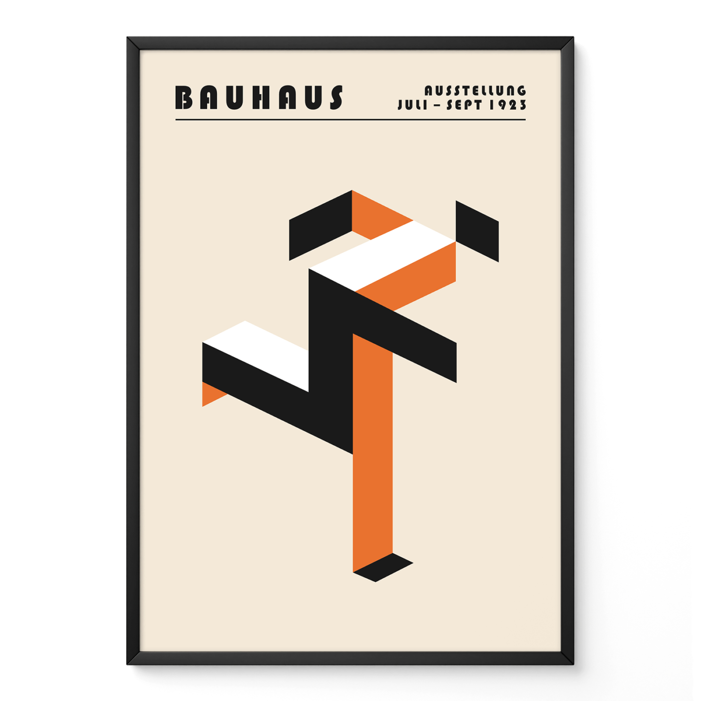 Art print Bauhaus running man poster in orange and black, geometric modernist design inspired by the Bauhaus movement.