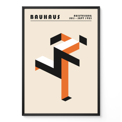 Art print Bauhaus running man poster in orange and black, geometric modernist design inspired by the Bauhaus movement.