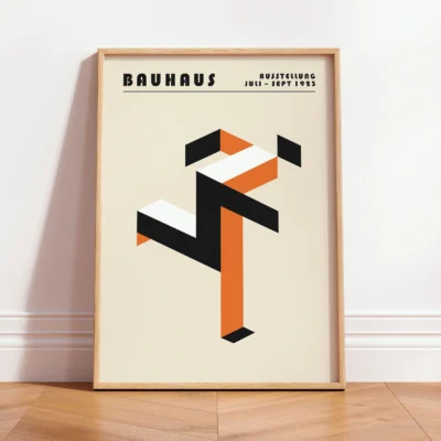 Art print Bauhaus running man poster leaning against wall, orange geometric figure in classic Bauhaus modernist style.