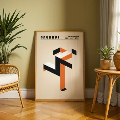 Art print Bauhaus running man poster placed on floor in living room, orange minimalist Bauhaus wall art.
