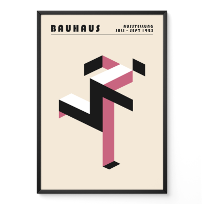 Art print Bauhaus running man poster in pink and black, geometric modernist design inspired by the Bauhaus movement.