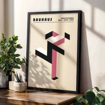 Art print Bauhaus running man poster on shelf, pink abstract Bauhaus figure with strong geometric shapes.