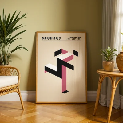 Art print Bauhaus running man poster placed on floor in living room, pink minimalist Bauhaus wall art.