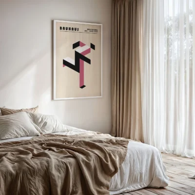 Art print Bauhaus running man poster displayed in bedroom, pink modernist Bauhaus artwork.