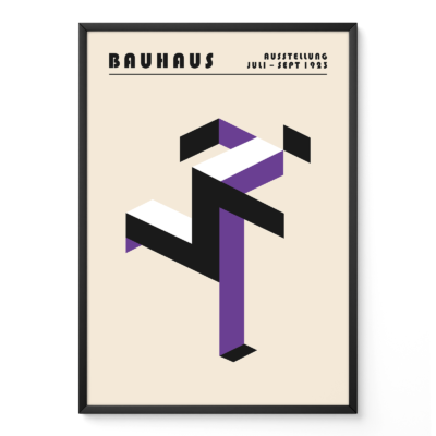 Art print Bauhaus running man poster in purple and black, geometric modernist design inspired by Bauhaus movement.