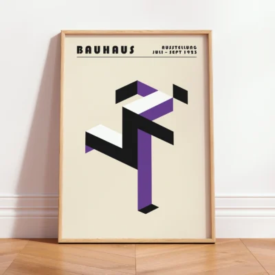 Art print Bauhaus running man poster leaning against wall, purple geometric figure in classic Bauhaus modernist style.