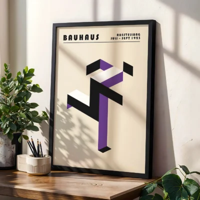 Art print Bauhaus running man poster on shelf with plants, purple abstract Bauhaus geometric artwork.