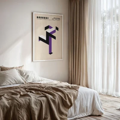 Art print Bauhaus running man poster displayed in bedroom, purple Bauhaus modernist wall art.