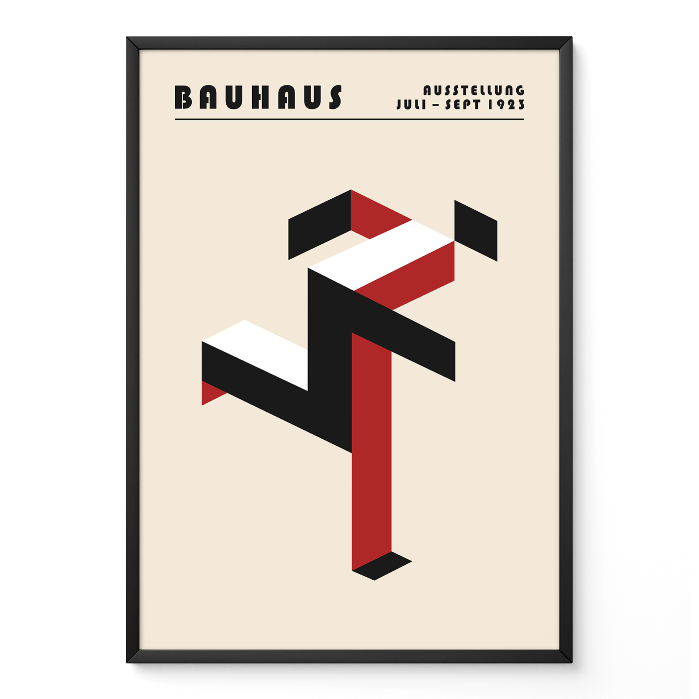 Art print Bauhaus running man poster in red and black, geometric modernist Bauhaus design on cream background.