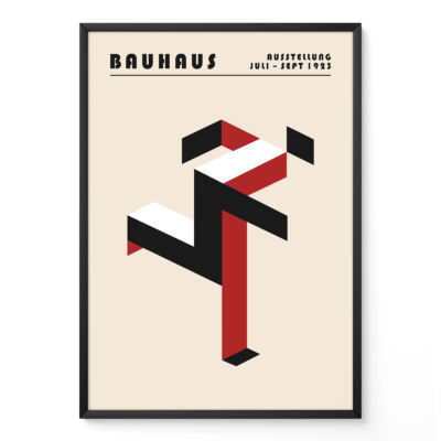 Art print Bauhaus running man poster in red and black, geometric modernist Bauhaus design on cream background.