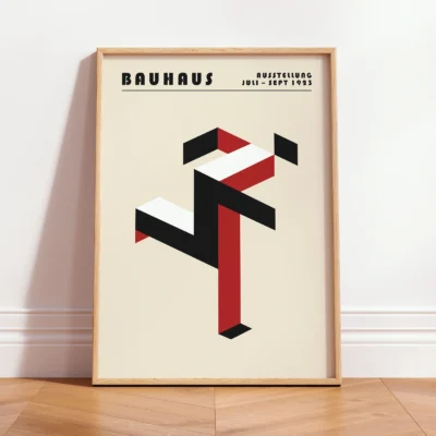 Art print Bauhaus running man poster leaning against wall, red geometric figure in classic Bauhaus modernist style.