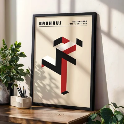 Art print Bauhaus running man poster on shelf with plants, red abstract Bauhaus geometric artwork.