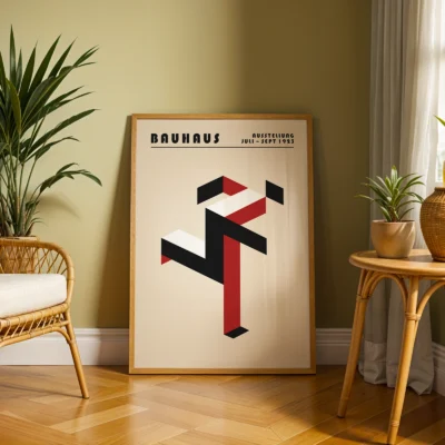 Art print Bauhaus running man poster placed on floor in living room, red minimalist Bauhaus wall art.