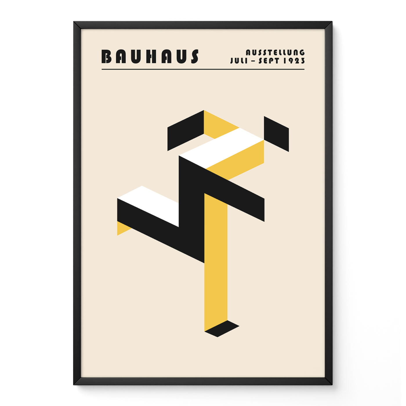 Art print Bauhaus running man poster in yellow and black, geometric modernist Bauhaus design on cream background.