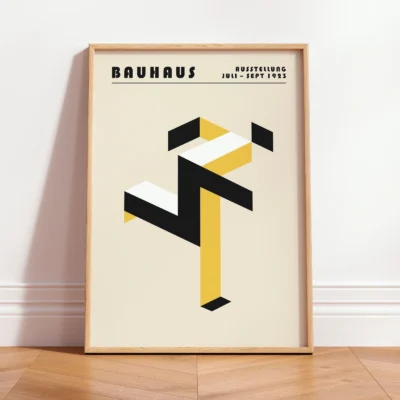 Art print Bauhaus running man poster leaning against wall, yellow geometric figure in classic Bauhaus style.