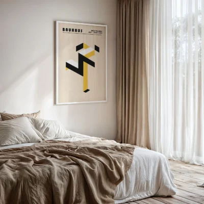 Art print Bauhaus running man poster displayed in bedroom, yellow Bauhaus modernist art print.