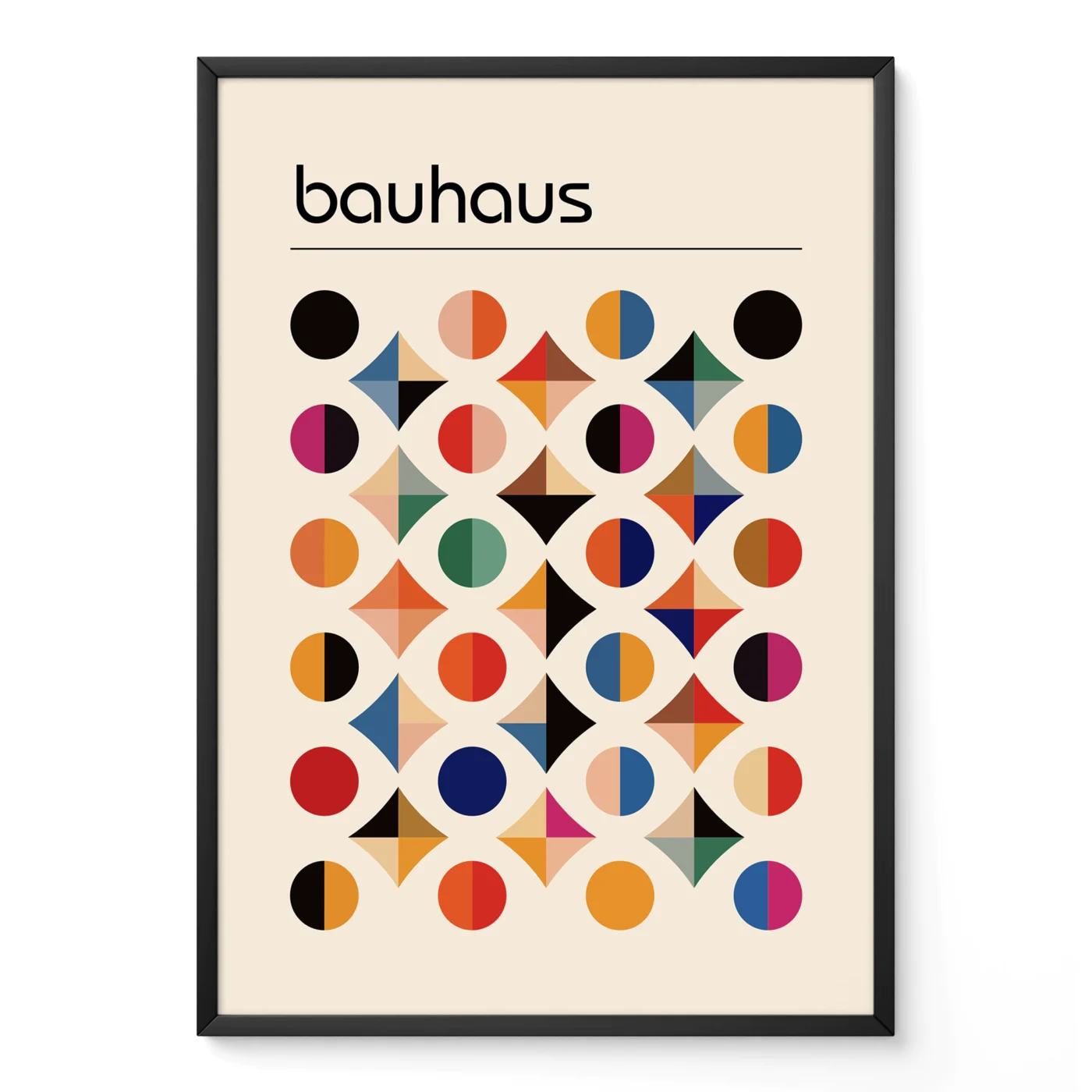 Framed Bauhaus poster with colorful abstract shapes on neutral background