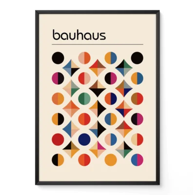Framed Bauhaus poster with colorful abstract shapes on neutral background