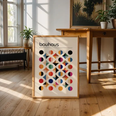Colorful Bauhaus poster placed near wooden desk in natural light