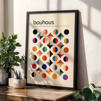 Modern Bauhaus poster with black frame and surrounding green plants