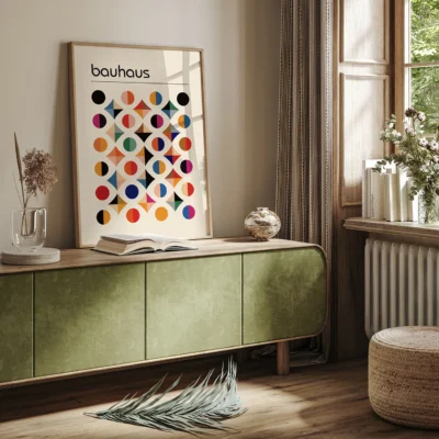 Bauhaus geometric artwork styled in a retro-inspired living room