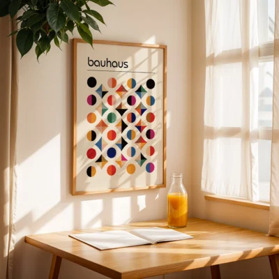 Framed Bauhaus print hanging in bright room with wooden table